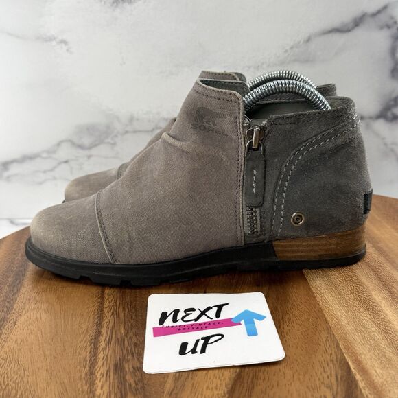 Women’s 7.5-SOREL Major Low Ankle Boot Grey Canvas Suede Waterproof Zip Bootie - Picture 1 of 9
